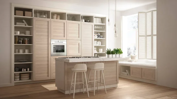 Moderne Weiße Küche Mit Holzdetails Zeitgenössischer Luxuswohnung Mit Parkettboden Vintage — Stockfoto