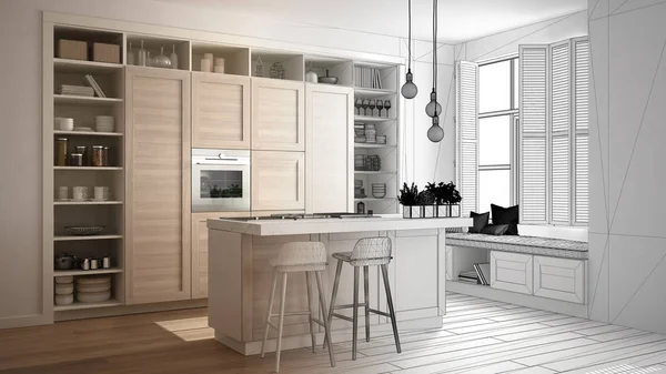 建筑师室内设计师的概念 未完成的项目 成为真正的 厨房与木制细节在当代公寓与镶木地板 简约的设计理念 — 图库照片