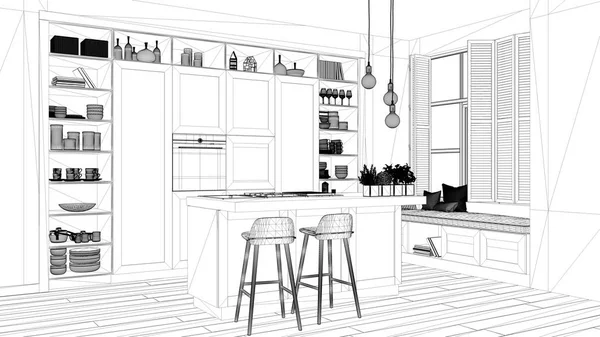 인테리어 디자인 프로젝트 스케치 쪽모이 건축과 럭셔리 아파트에서 청사진 보여주는 — 스톡 사진