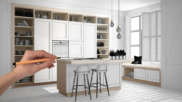 Altında inşaat taslak, konsept iç tasarım kroki, plan arka plan, mimar ve tasarımcı fikir ile el çizim gerçek mutfak kroki tamamlanmamış proje