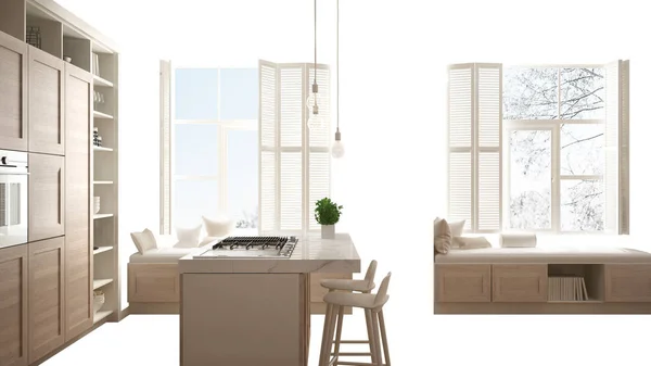 Modern White Kitchen Wooden Details Contemporary Luxury Apartment Interior Design — Stock Photo, Image