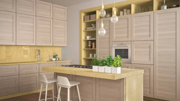 Moderna Cocina Amarilla Con Detalles Madera Apartamento Lujo Contemporáneo Con — Foto de Stock