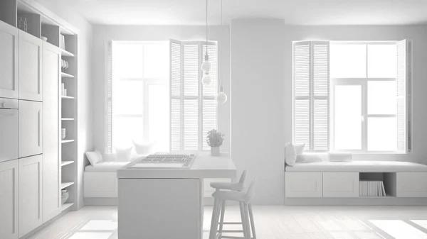 総白プロジェクト 現代的な高級アパート ビンテージ レトロなインテリア デザイン 建築のモダンなキッチンの未完成の草案オープン スペースのリビング ルームのコンセプトのアイデア — ストック写真