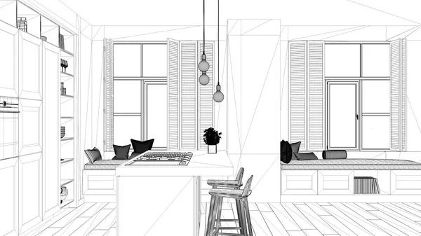 Interior Design Project Black White Ink Sketch Architecture Blueprint Showing — Stock Photo, Image