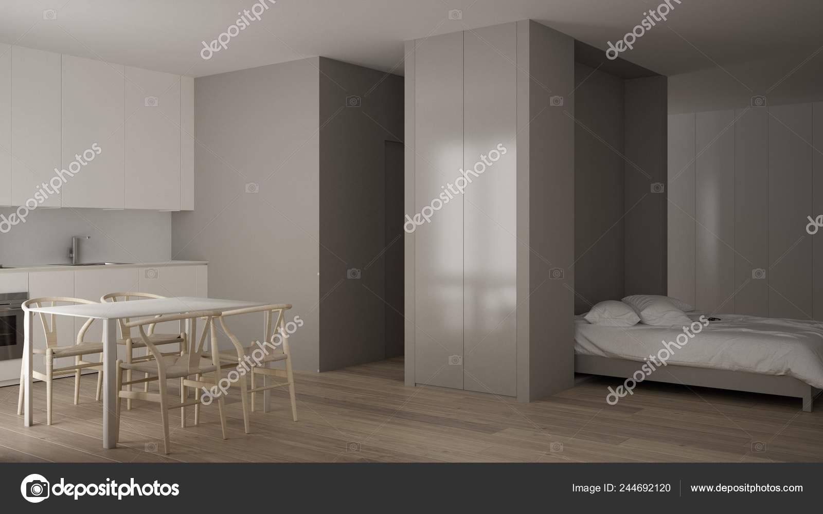 Small Apartment Parquet Floor Kitchen White Living Room