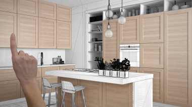 İnşaat taslak, konsept iç tasarım kroki, plan arka plan, mimar ve tasarımcı fikir ile el işaret gerçek ahşap Mutfak altında tamamlanmamış proje