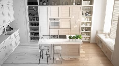 Mimar iç tasarım konsepti: gerçek, olur tamamlanmamış proje mutfak ahşap parke zemin, minimalist tasarım fikri, çağdaş daire ayrıntılarda ile ana sayfa görünümü