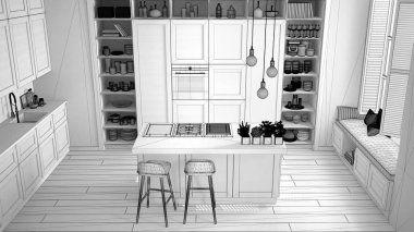 Modern mutfak çağdaş ve lüks daire, retro vintage dekorasyon, mimari açık alan oturma odası konsept fikir, üstten görünüm tamamlanmamış proje taslağı