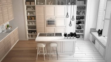 Mimar iç tasarım konsepti: gerçek, olur tamamlanmamış proje mutfak ahşap parke zemin, minimalist tasarım fikri, çağdaş daire ayrıntılarda ile ana sayfa görünümü