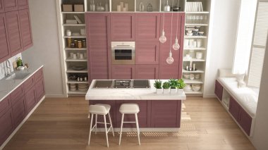 Modern beyaz mutfak parke zemin, retro vintage dekorasyon, mimari alan oturma odası konsept fikir, üstten görünüm ile çağdaş ve lüks daire kırmızı ahşap ayrıntıları