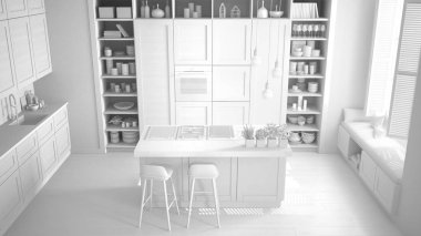 Toplam beyaz projesi, çağdaş ve lüks daire, retro vintage dekorasyon, mimari modern mutfak bitmemiş taslağını açma alan oturma odası konsept fikir, üstten görünüm