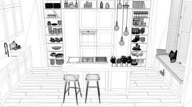İç mimari proje, siyah ve beyaz mürekkep çizimi, mimari plan gösteren modern mutfak çağdaş daire ile parke zemin, çağdaş mimari, üstten görünüm