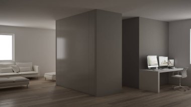 Küçük daire ile parke zemin, köşe Resepsiyon beyaz oturma odasında, ofiste minimalist tarzı, modern mimari konsepti ile Ev İşyeri