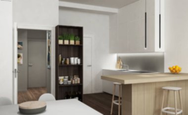 Arka plan iç tasarım, modern mutfak yakın çekim yemek masası, minimalist mimari konsept fikir ile çağdaş oturma odasında bulanıklık