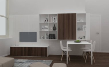 Arka plan iç tasarım, modern oturma odası ahşap ve beyaz mobilya, kitaplık ve yemek masası sandalye, minimalist mimari konsept fikir ile bulanıklık