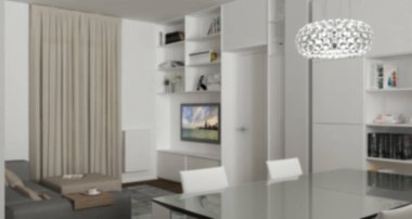 Arka plan dekorasyon, beyaz minimalist yakın kadar modern oturma odası kitaplık ve televizyon, yemek masası ve kolye lamba, minimalist mimari konsept fikir ile bulanıklık