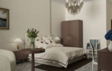 İç tasarım, klasik yatak odası karyola ve aksesuarları, otel, resort, spa ile bulanıklık. Vintage eski klasik tarzı ve dekorlar, arka plan kavramı fikir