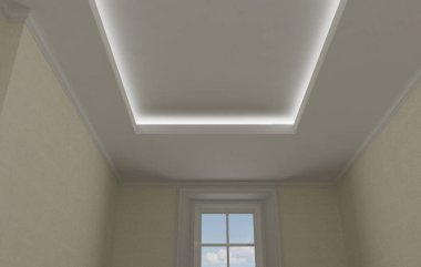 Ceiling close-up in classic interior, vintage room with stucco and moldings, beige wallpaper, illuminated false suspended ceiling design clipart