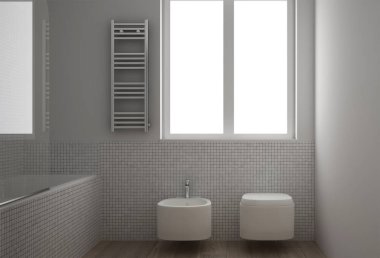 Modern minimalist banyo Meşe parke ahşap zemin ve beyaz mozaik karolar, pencere ve küvet, çağdaş mimari iç tasarım