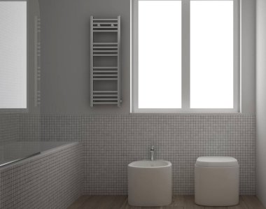 Modern minimalist banyo Meşe parke ahşap zemin ve beyaz mozaik karolar, pencere ve küvet, çağdaş mimari iç tasarım