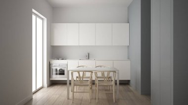 Tek Yatak Odalı Daire, yemek masası ahşap sandalyeler, parke zemin, beyaz iç tasarımı, minimalist küçük mutfak temiz mimari konsept fikir