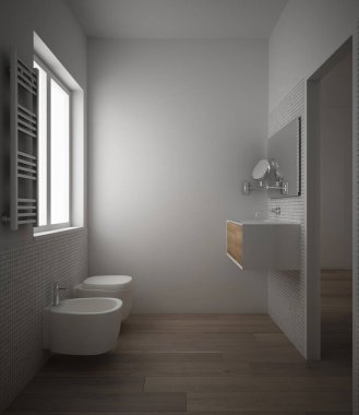 Modern minimalist banyo Meşe parke ahşap zemin ve beyaz Mozaik çini, ahşap lavabo, ayna ve küvet, çağdaş mimari iç tasarım