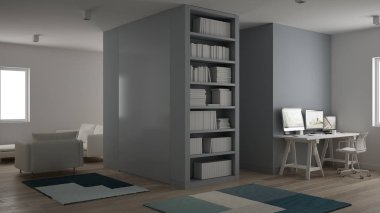 Küçük daire, stüdyo ile parke zemin, köşe Resepsiyon beyaz oturma odasında, ofiste minimalist tarzı, modern mimari iç tasarım konsepti ile Ev İşyeri