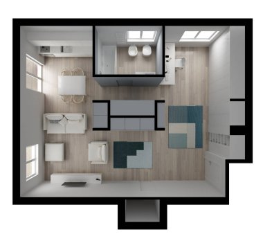 Bir oda daire daire üstten görünüm, mobilya ve dekorlar, plan, kesit iç tasarım, mimar tasarımcı kavram fikir, beyaz arka plan üzerinde izole