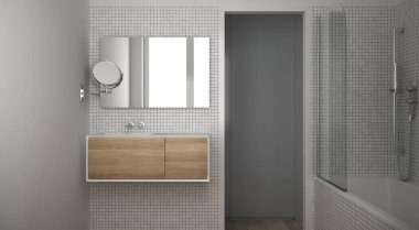 Modern minimalist banyo Meşe parke ahşap zemin ve beyaz Mozaik çini, ahşap lavabo, ayna ve küvet, çağdaş mimari iç tasarım