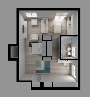 Bir oda daire daire üstten görünüm, Murphy yatağı, mobilya ve dekorlar, plan, kesit iç tasarım, mimar tasarımcı kavram fikir, gri arka plan üzerinde izole