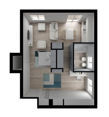 Bir oda daire daire üstten görünüm, Murphy yatağı, mobilya ve dekorlar, plan, kesit iç tasarım, mimar tasarımcı kavram fikir, beyaz arka plan üzerinde izole