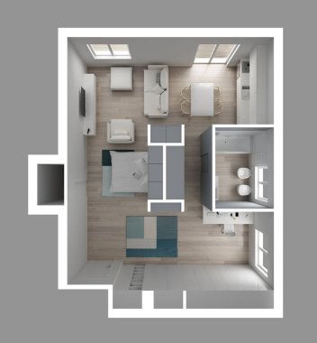 Bir oda daire daire üstten görünüm, Murphy yatağı, mobilya ve dekorlar, plan, kesit iç tasarım, mimar tasarımcı kavram fikir, gri arka plan üzerinde izole