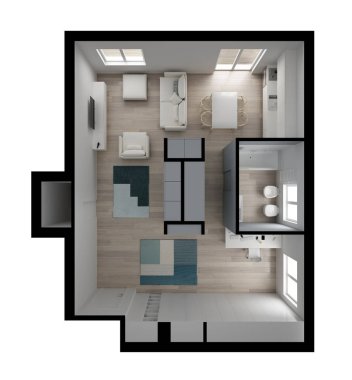 Bir oda daire daire üstten görünüm, mobilya ve dekorlar, plan, kesit iç tasarım, mimar tasarımcı kavram fikir, beyaz arka plan üzerinde izole