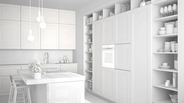 Proyecto Blanco Total Proyecto Inacabado Cocina Moderna Apartamento Lujo Contemporáneo — Foto de Stock