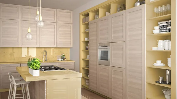 Moderne Gele Keuken Met Houten Details Hedendaagse Luxe Appartement Met — Stockfoto