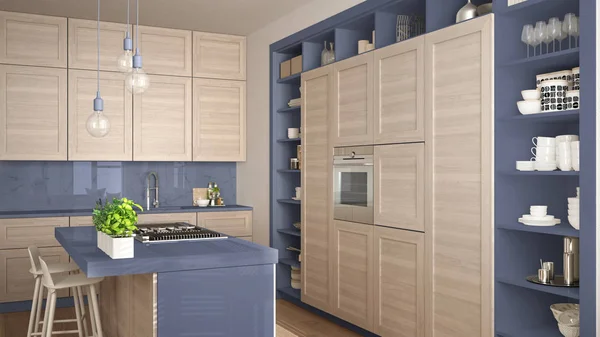 Moderne Blaue Küche Mit Holzdetails Zeitgenössischer Luxuswohnung Mit Parkettboden Vintage — Stockfoto