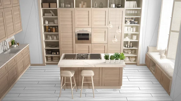 Moderna Cocina Blanca Con Detalles Madera Apartamento Lujo Contemporáneo Idea — Foto de Stock