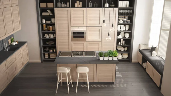 Modern White Gray Kitchen Wooden Details Contemporary Luxury Apartment Parquet — Stock Photo, Image