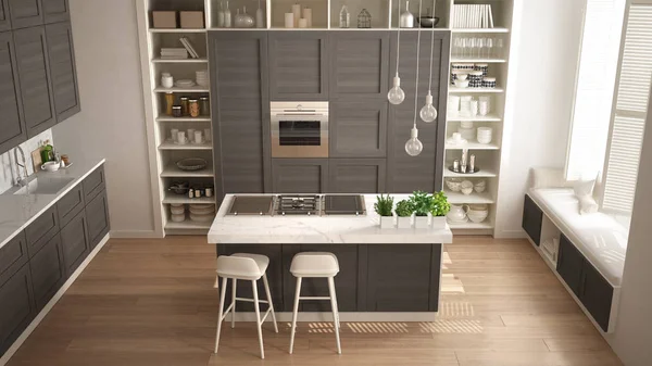 Moderna Cocina Blanca Gris Con Detalles Madera Apartamento Lujo Contemporáneo — Foto de Stock