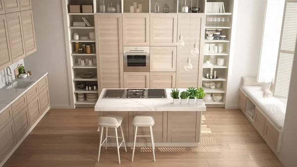 Moderne Witte Keuken Met Houten Details Hedendaagse Luxe Appartement Met — Stockfoto