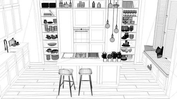 インテリア デザイン プロジェクト 黒と白インク スケッチ 寄せ木細工の床 現代的な建築 トップ ビューで現代的なアパートメントで建築青写真を示すモダンなキッチン — ストック写真