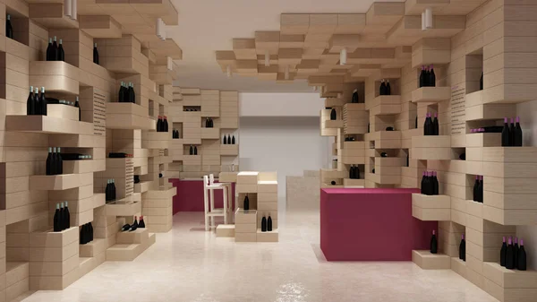 Interior of modern wine shop, design template, commercial space, wooden exposition, minimalist architecture with marble floor and purple colored details