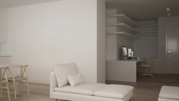 Petit Appartement Avec Parquet Bureau Angle Dans Salon Blanc Bureau — Photo