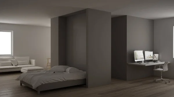 Small apartment with parquet floor, home workplace with corner desk in white living room, office in minimalist style, Murphy bed, modern architecture concept