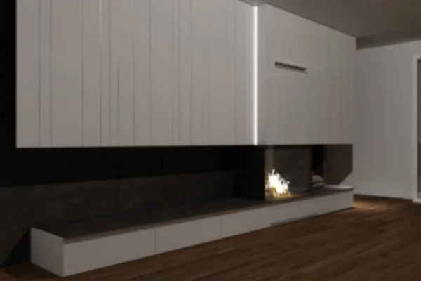 背景インテリア デザイン 寄せ木細工の床 鉄の詳細と白いキャビネット クリーンなアーキテクチャ概念の現代的なリビング ルームの暖炉のそばでモダンなシンプルな家具をぼかし — ストック写真