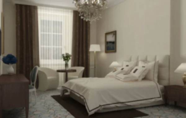 Blur interior design, classic bedroom with master bed and accessories, hotel, resort, spa. Vintage old classic style and decors, background concept idea