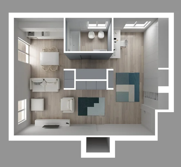 Apartamento Una Habitación Vista Superior Plana Muebles Decoraciones Plano Diseño — Foto de Stock