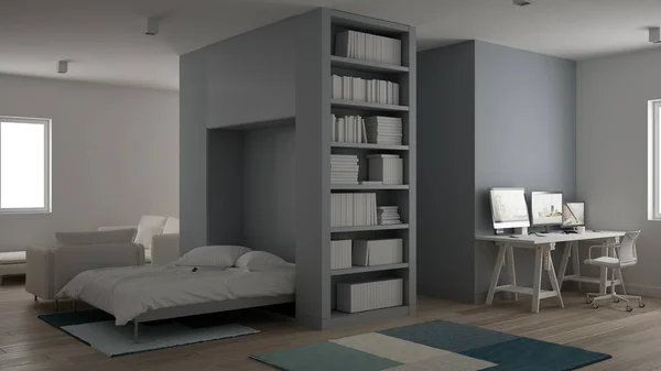 Küçük daire, stüdyo ile parke zemin, beyaz oturma odası, Murphy yatağı, minimalist tarzı, modern mimari iç tasarım konsepti ofiste Danışma ile Ev İşyeri