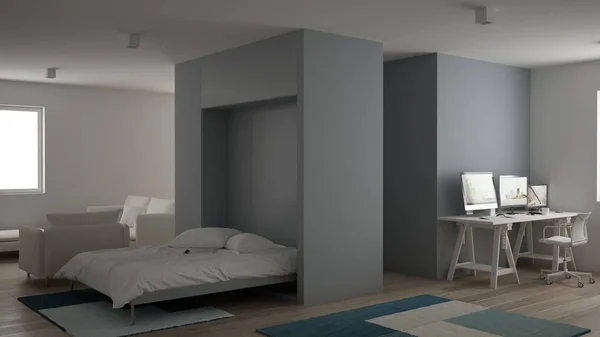 小さなアパート ワンルーム寄せ木細工の床 白いリビング ルーム マーフィー ベッド ミニマリスト スタイル 現代建築のインテリア デザインのコンセプトのオフィスで机を自宅の作業場 — ストック写真