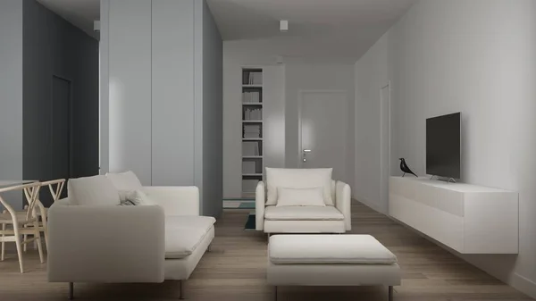 Petit Appartement Avec Parquet Tapis Moderne Canapé Blanc Dans Salon — Photo